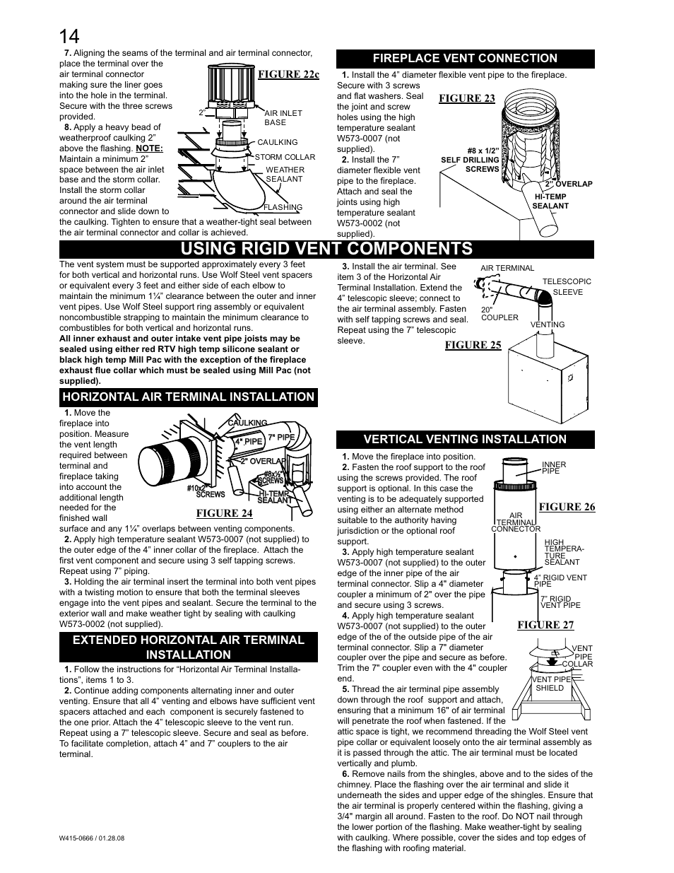Using rigid vent components, Fireplace vent connection, Horizontal air terminal installation | Extended horizontal air terminal installation, Vertical venting installation | Napoleon Fireplaces GD82NT-T User Manual | Page 14 / 32