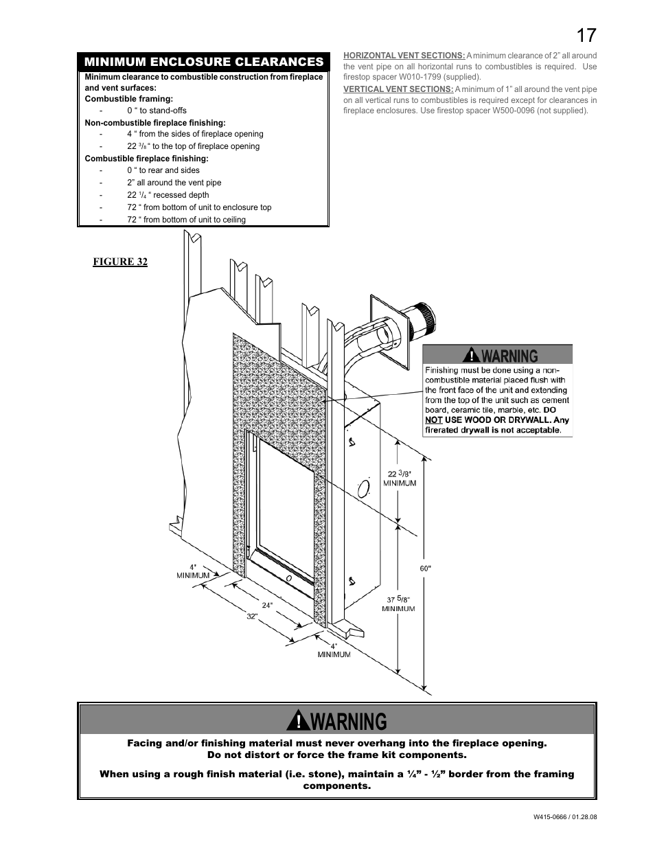Warning, Minimum enclosure clearances | Napoleon Fireplaces GD82NT-T User Manual | Page 17 / 32