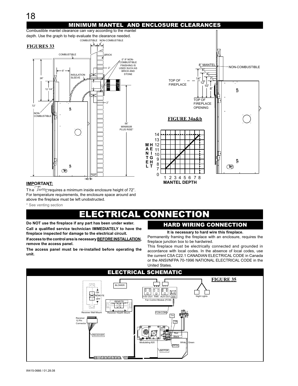 Electrical connection, Minimum mantel and enclosure clearances, Hard wiring connection electrical schematic | Figures 33, Figure 35 figure 34a&b, Important | Napoleon Fireplaces GD82NT-T User Manual | Page 18 / 32