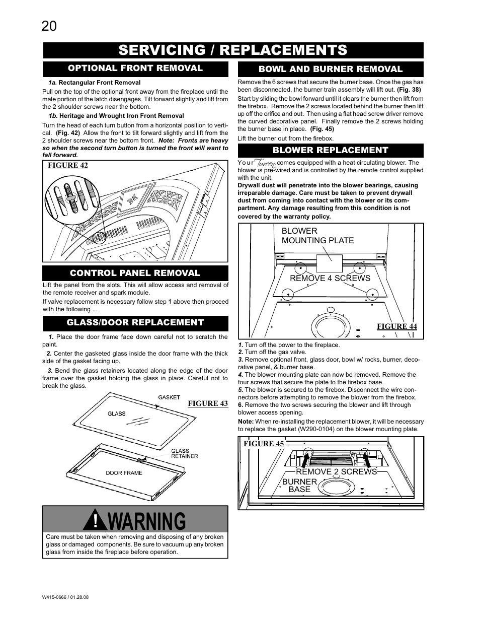 Warning, Servicing / replacements | Napoleon Fireplaces GD82NT-T User Manual | Page 20 / 32