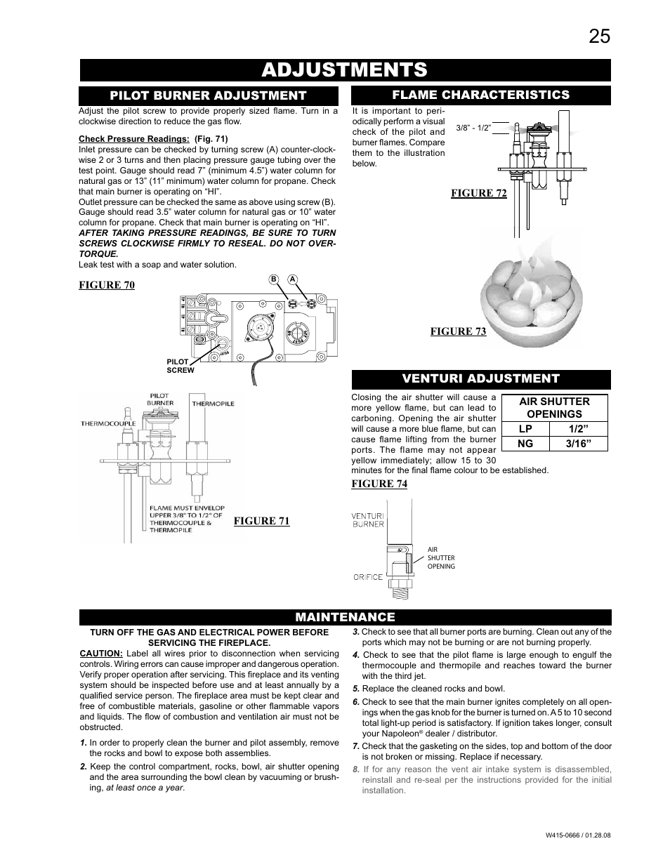 Adjustments, Pilot burner adjustment, Flame characteristics | Venturi adjustment, Maintenance | Napoleon Fireplaces GD82NT-T User Manual | Page 25 / 32