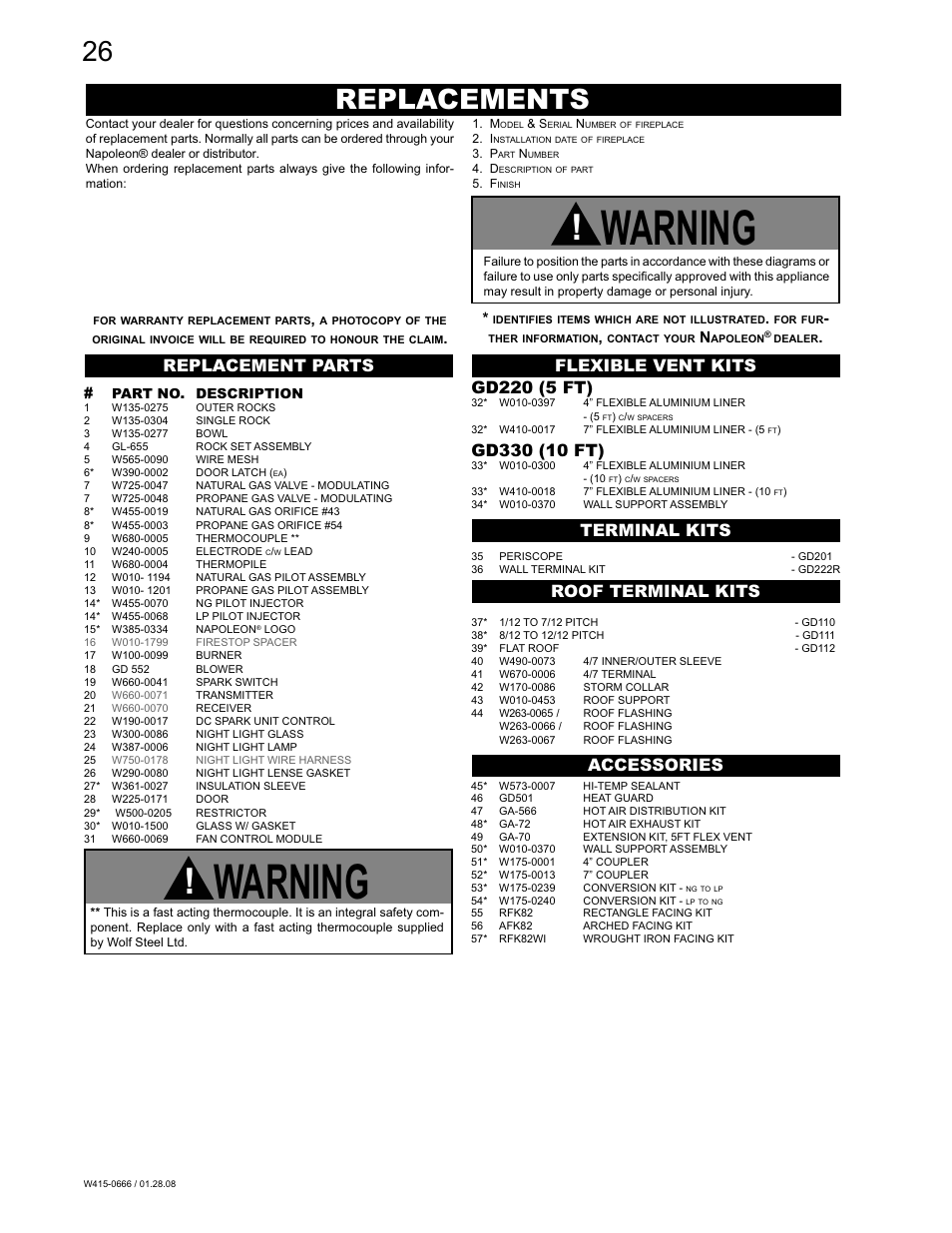 Warning, Replacements, Replacement parts accessories gd220 (5 ft) | Napoleon Fireplaces GD82NT-T User Manual | Page 26 / 32