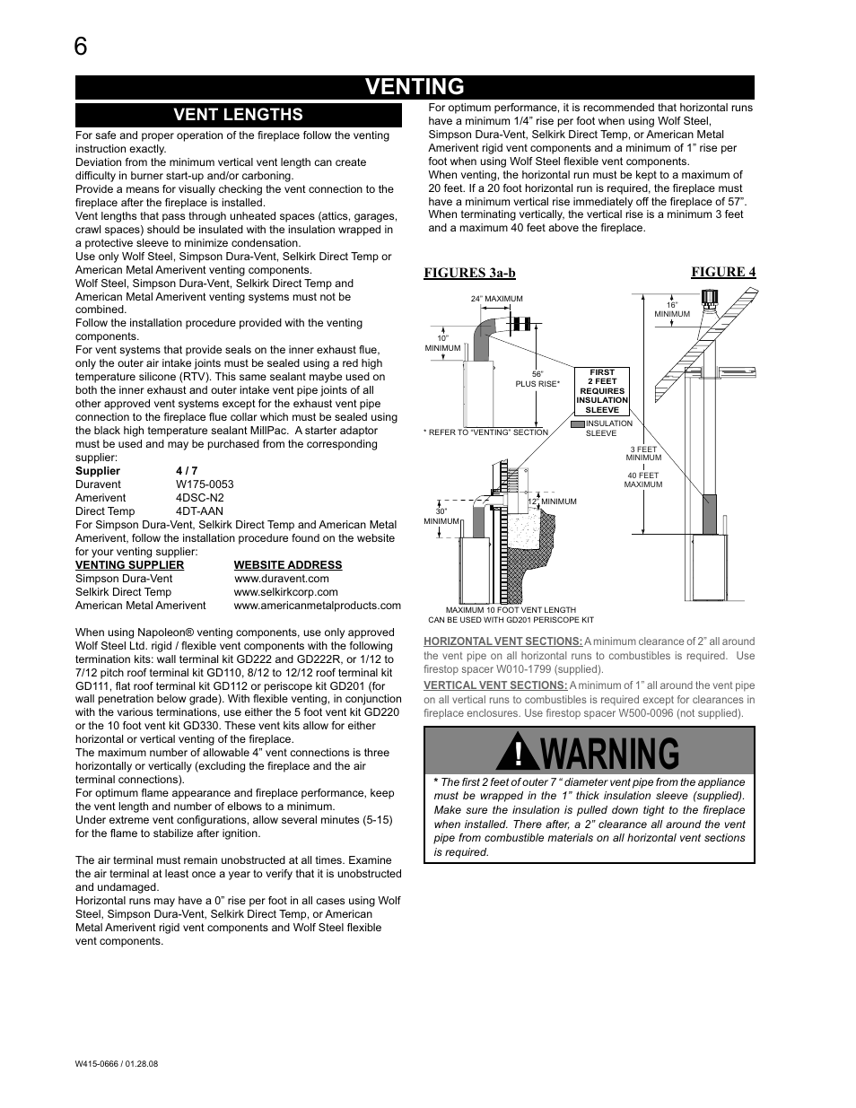 Warning, Venting, Vent lengths | Napoleon Fireplaces GD82NT-T User Manual | Page 6 / 32