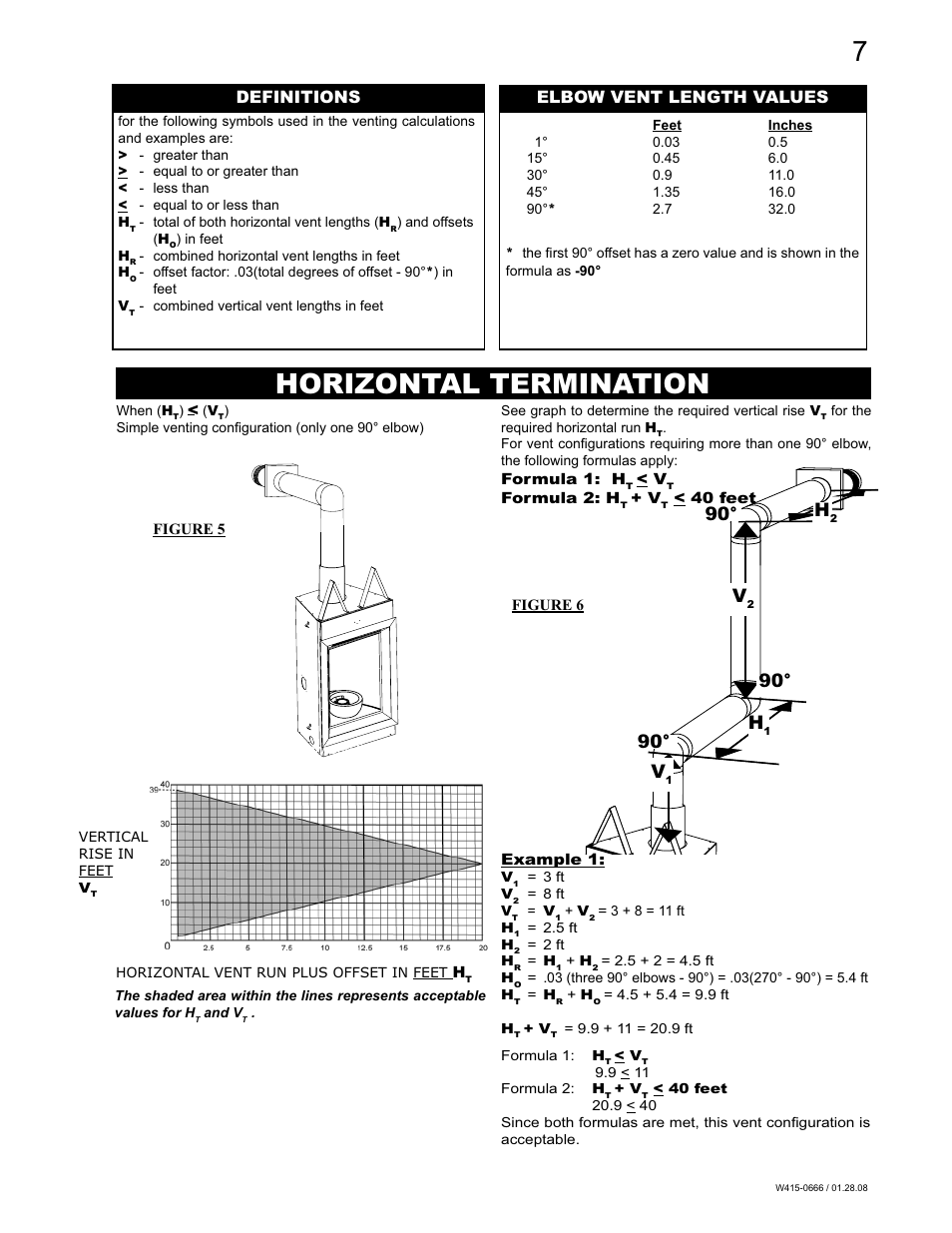 Horizontal termination, 90° h, Definitions elbow vent length values | Napoleon Fireplaces GD82NT-T User Manual | Page 7 / 32