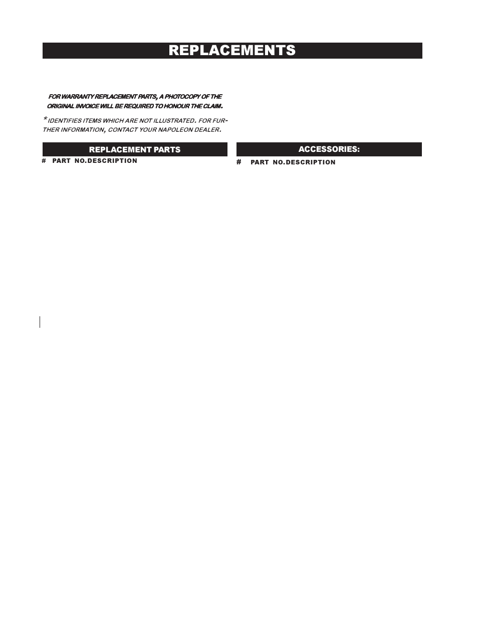 Replacements, Replacement parts accessories | Napoleon Fireplaces GI3016-P User Manual | Page 12 / 16