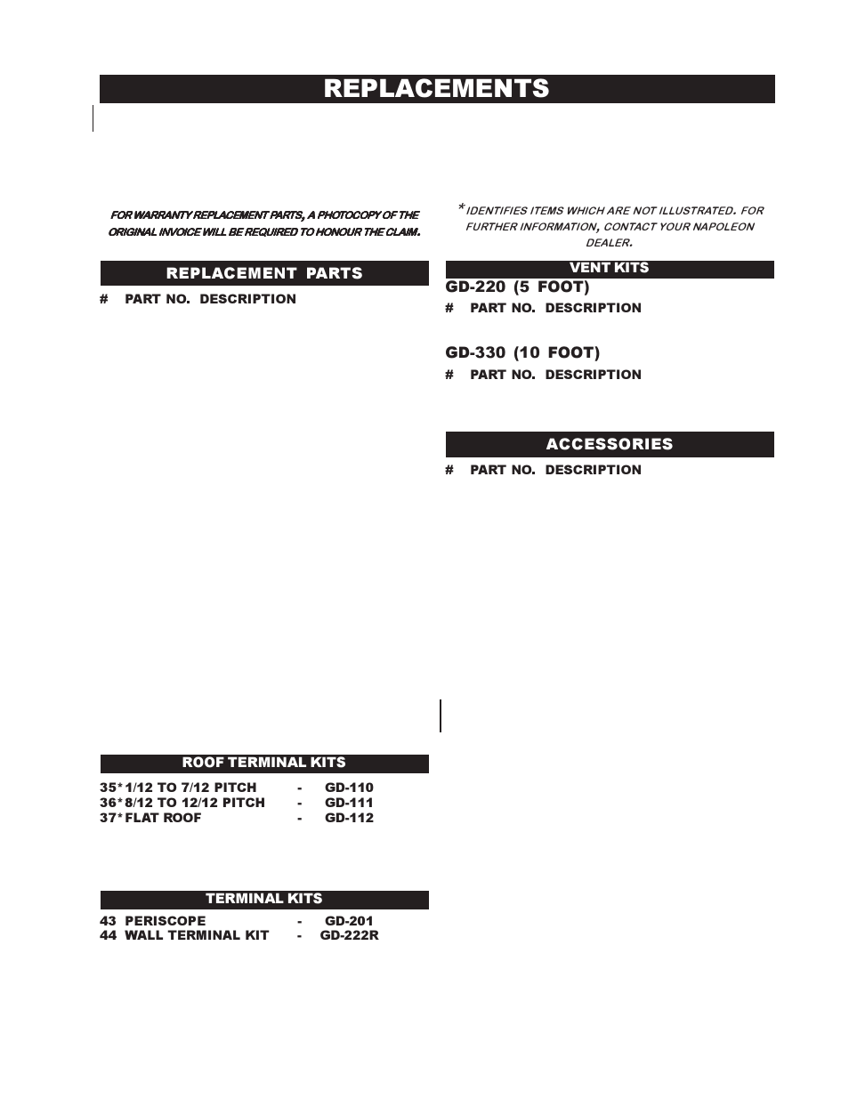 Replacements, Gd-220 (5 foot), Replacement parts | Accessories, Vent kits terminal kits roof terminal kits | Napoleon Fireplaces GD45-P User Manual | Page 21 / 24