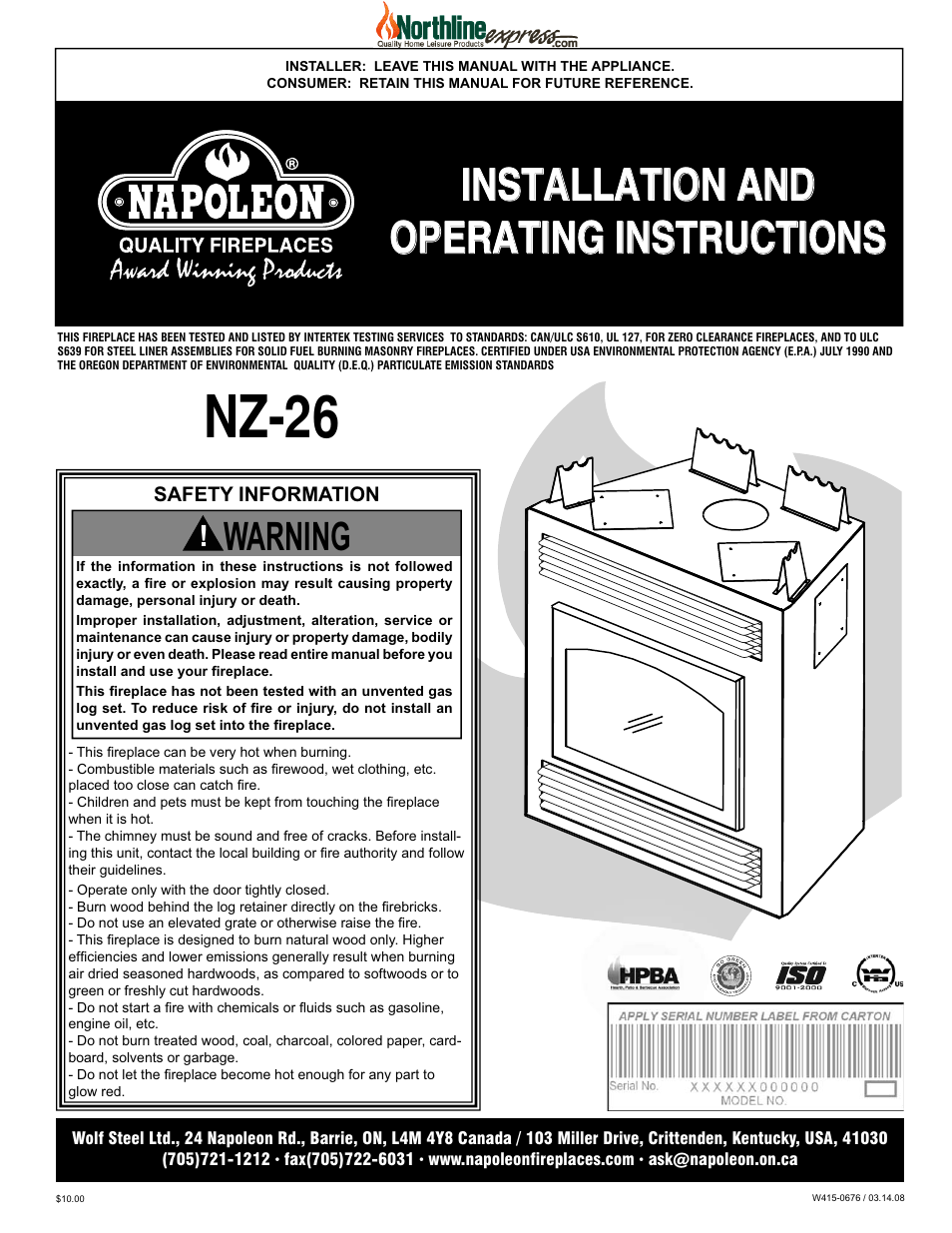 Napoleon Fireplaces NZ-26 User Manual | 24 pages