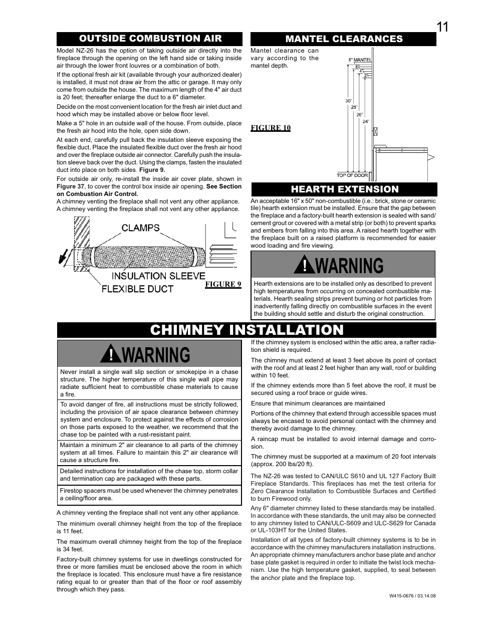 Warning, Chimney installation | Napoleon Fireplaces NZ-26 User Manual | Page 11 / 24