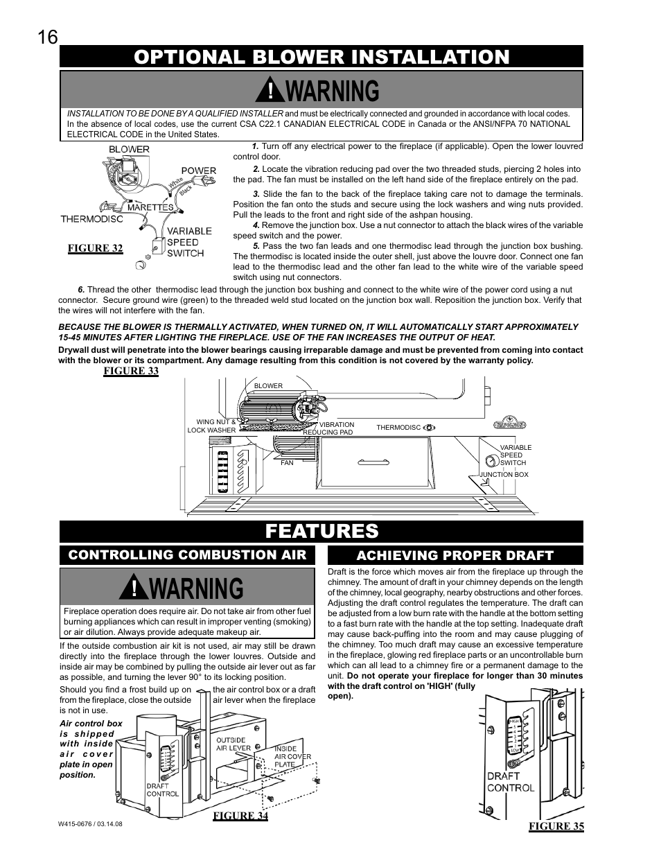 Warning, Optional blower installation, Features | Napoleon Fireplaces NZ-26 User Manual | Page 16 / 24