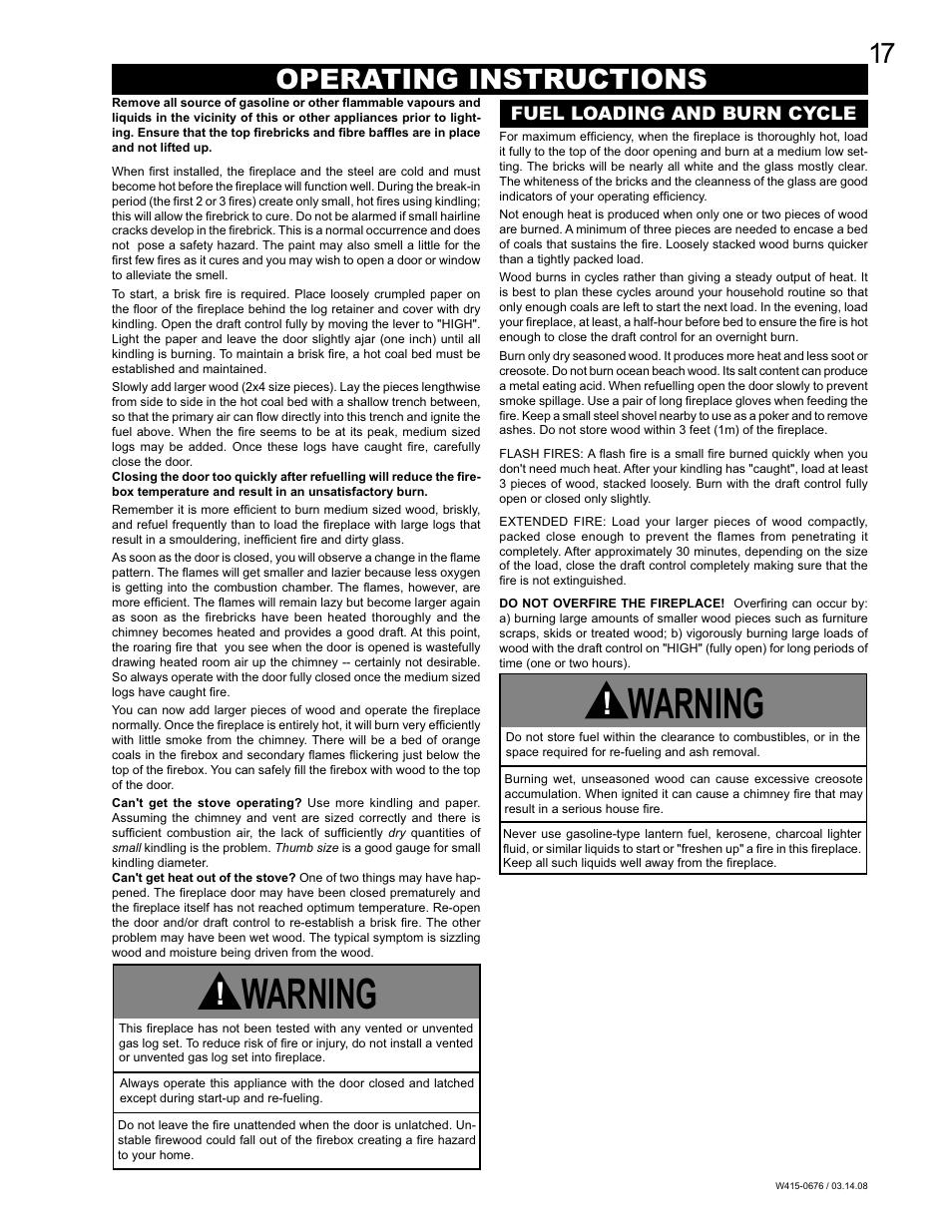 Warning, Operating instructions | Napoleon Fireplaces NZ-26 User Manual | Page 17 / 24