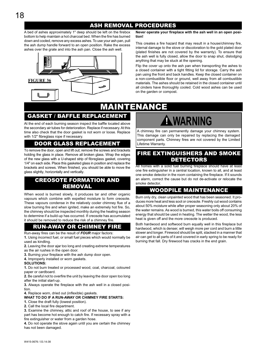 Warning, Maintenance | Napoleon Fireplaces NZ-26 User Manual | Page 18 / 24