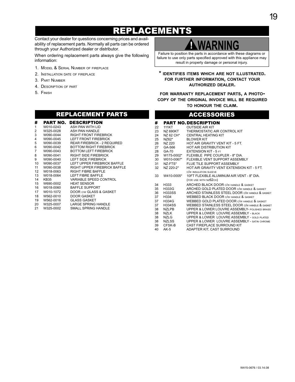 Warning, Replacements, Replacement parts accessories | Napoleon Fireplaces NZ-26 User Manual | Page 19 / 24