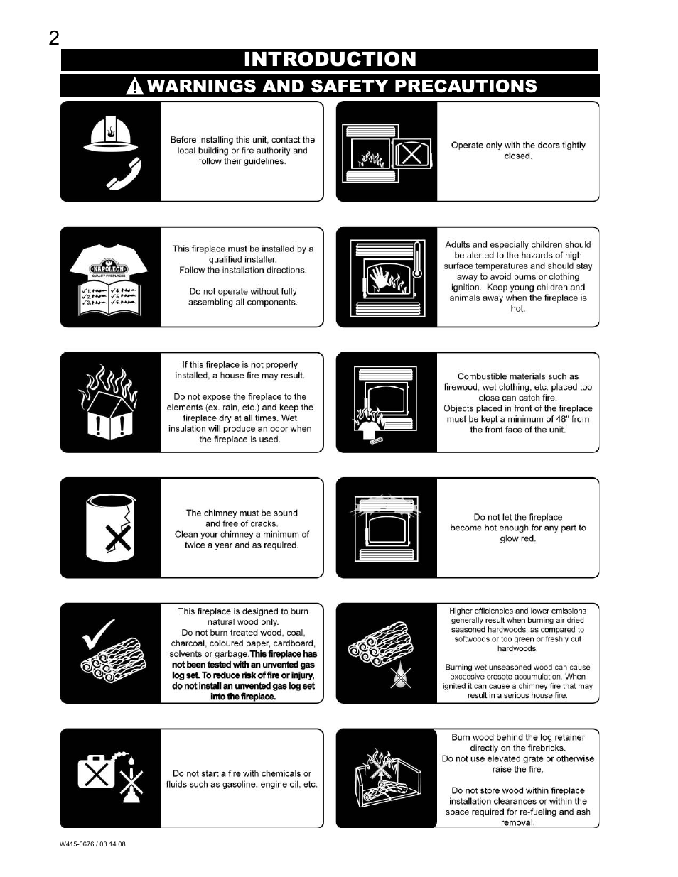 Introduction, Warnings and safety precautions | Napoleon Fireplaces NZ-26 User Manual | Page 2 / 24