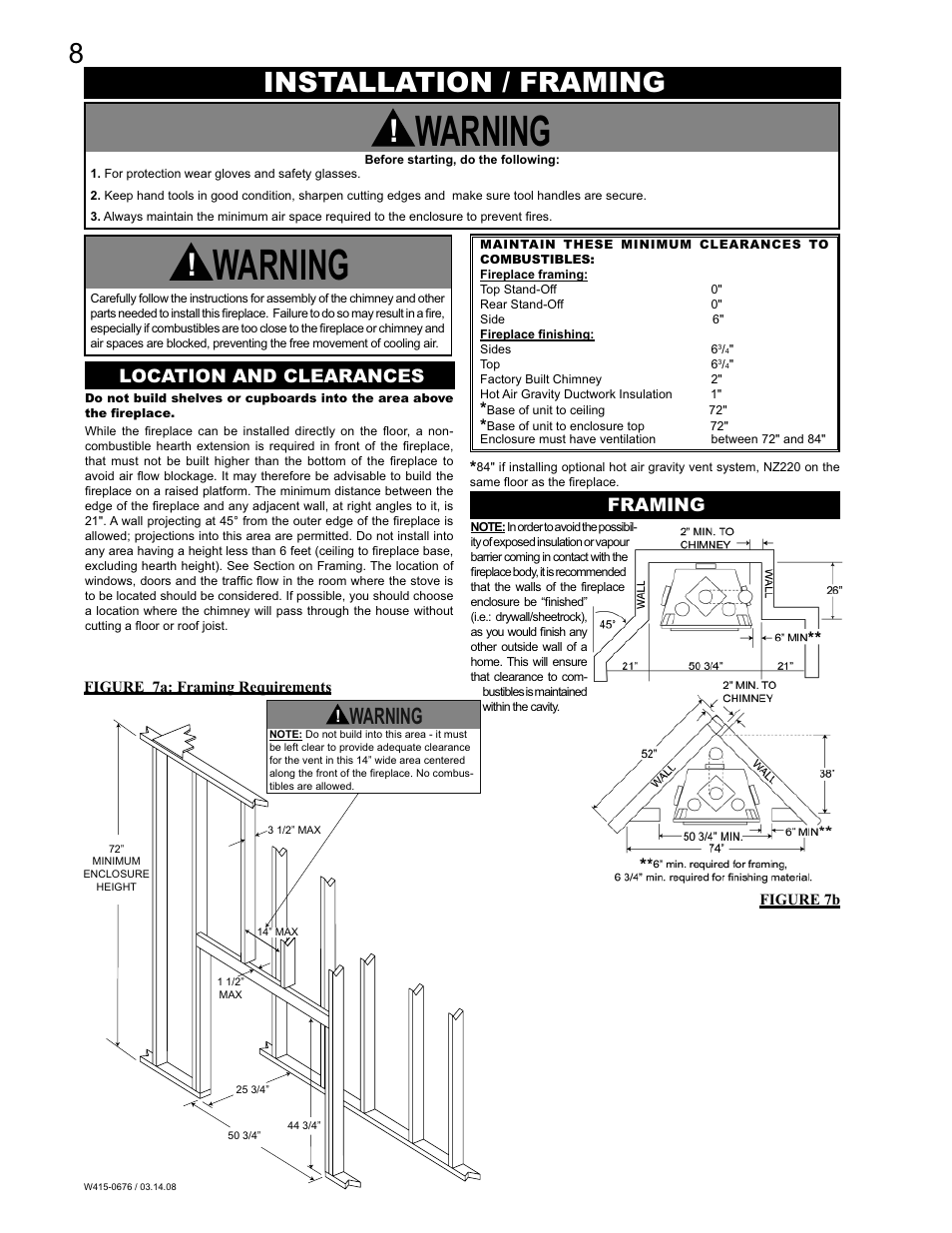 8installation / framing, Warning, Location and clearances framing | Napoleon Fireplaces NZ-26 User Manual | Page 8 / 24