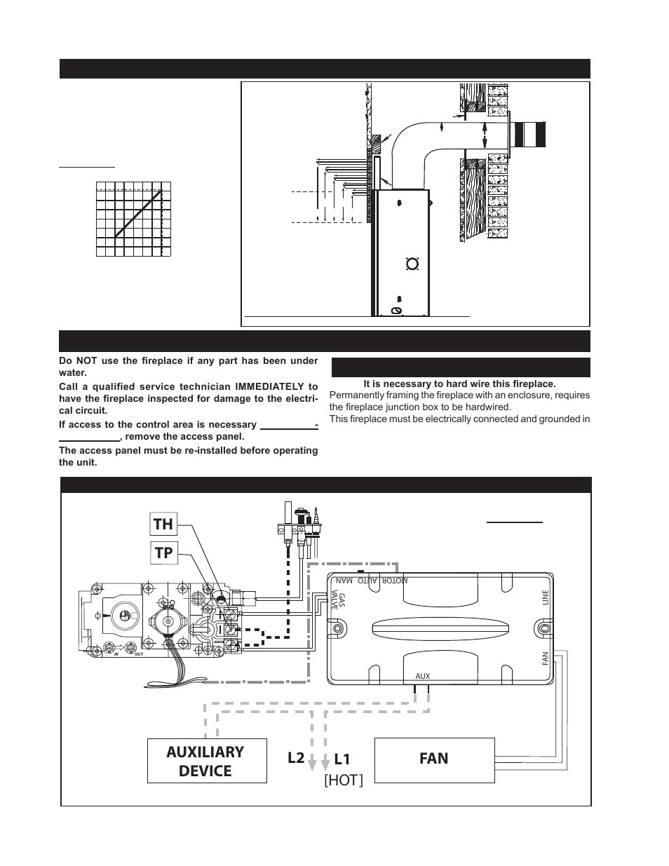 Electrical connection, Auxiliary device fan l2 l1 [hot] tp th, Mantle clearances | Hard wiring connection schematic, Firestop spacer combustible material, Spacer stand off | Napoleon Fireplaces GD82NT User Manual | Page 16 / 34