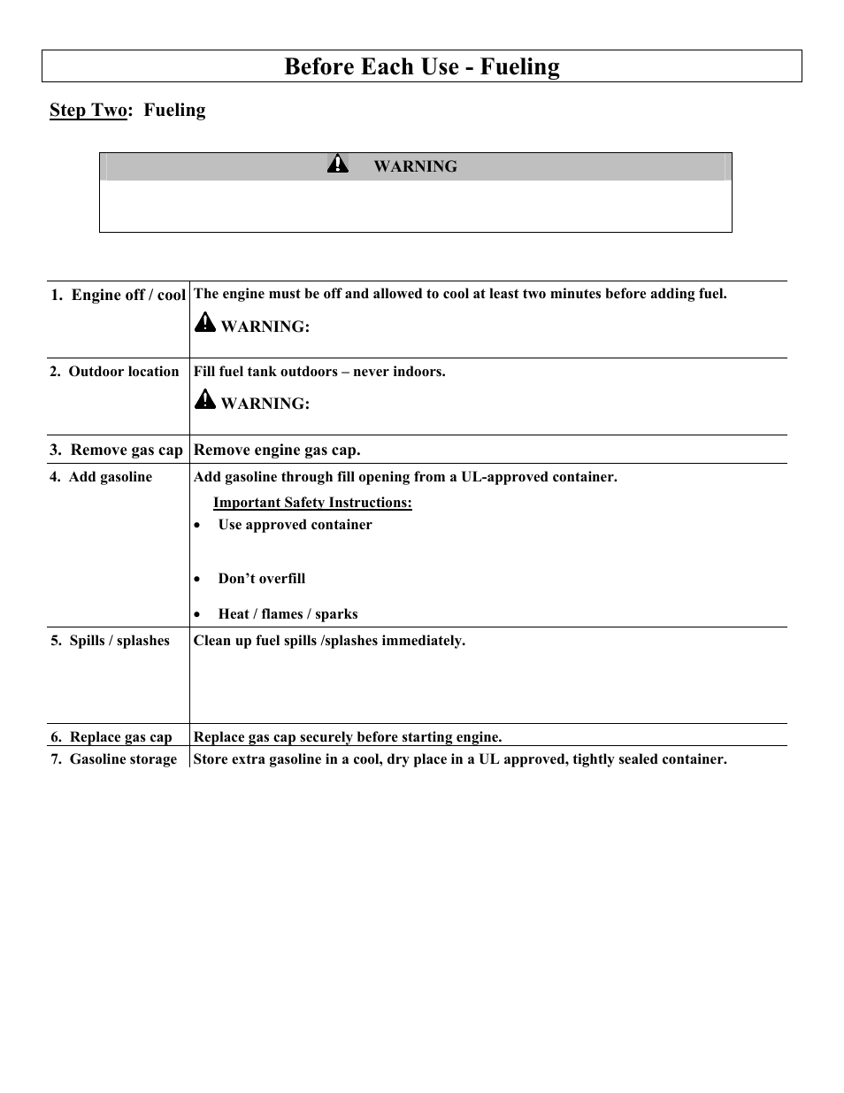 Before each use - fueling, Step two: fueling | North Star M1108D User Manual | Page 17 / 45