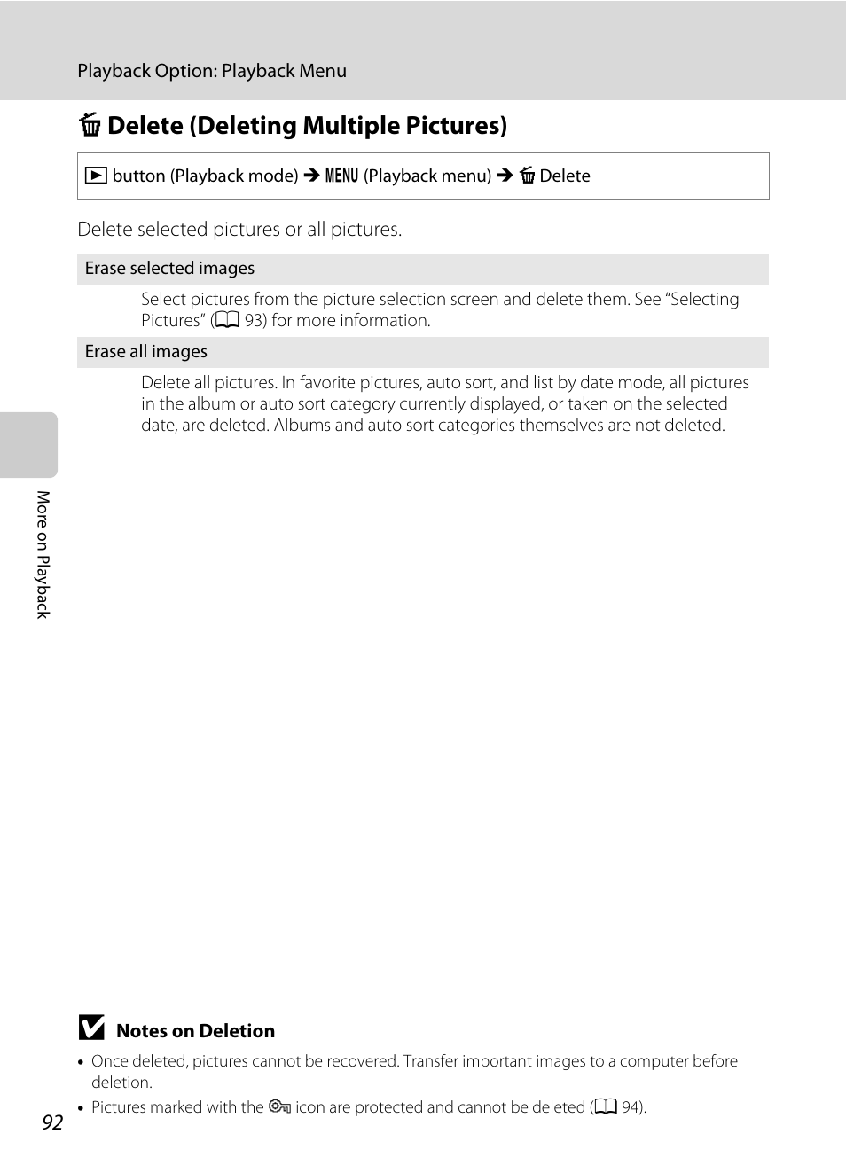 Delete (deleting multiple pictures), C delete (deleting multiple pictures), A 92) | A 92 | Nikon S205 User Manual | Page 104 / 184