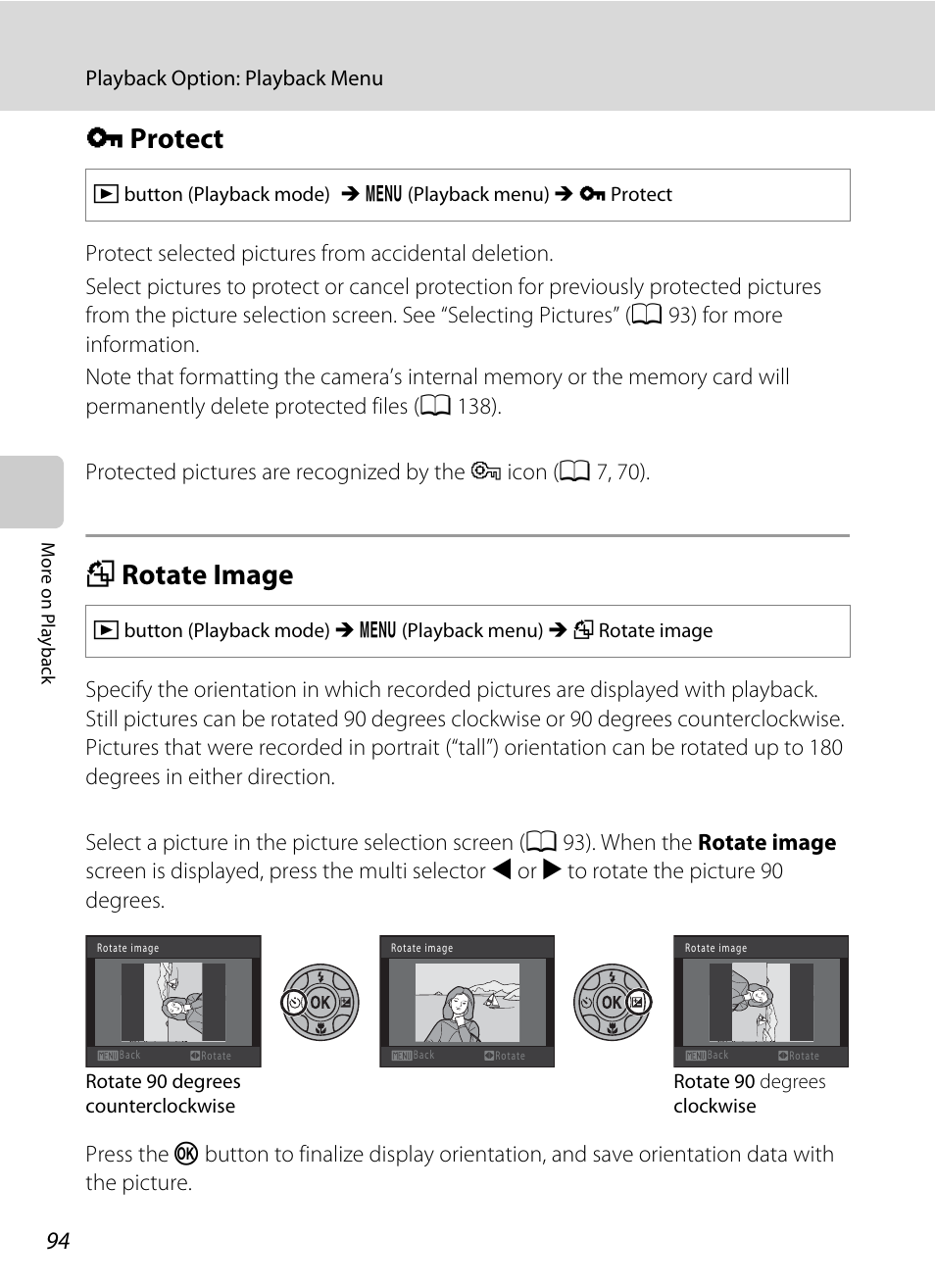 Protect, Rotate image, D protect f rotate image | A 94, A 94), A 94), and, D protect, F rotate image | Nikon S205 User Manual | Page 106 / 184