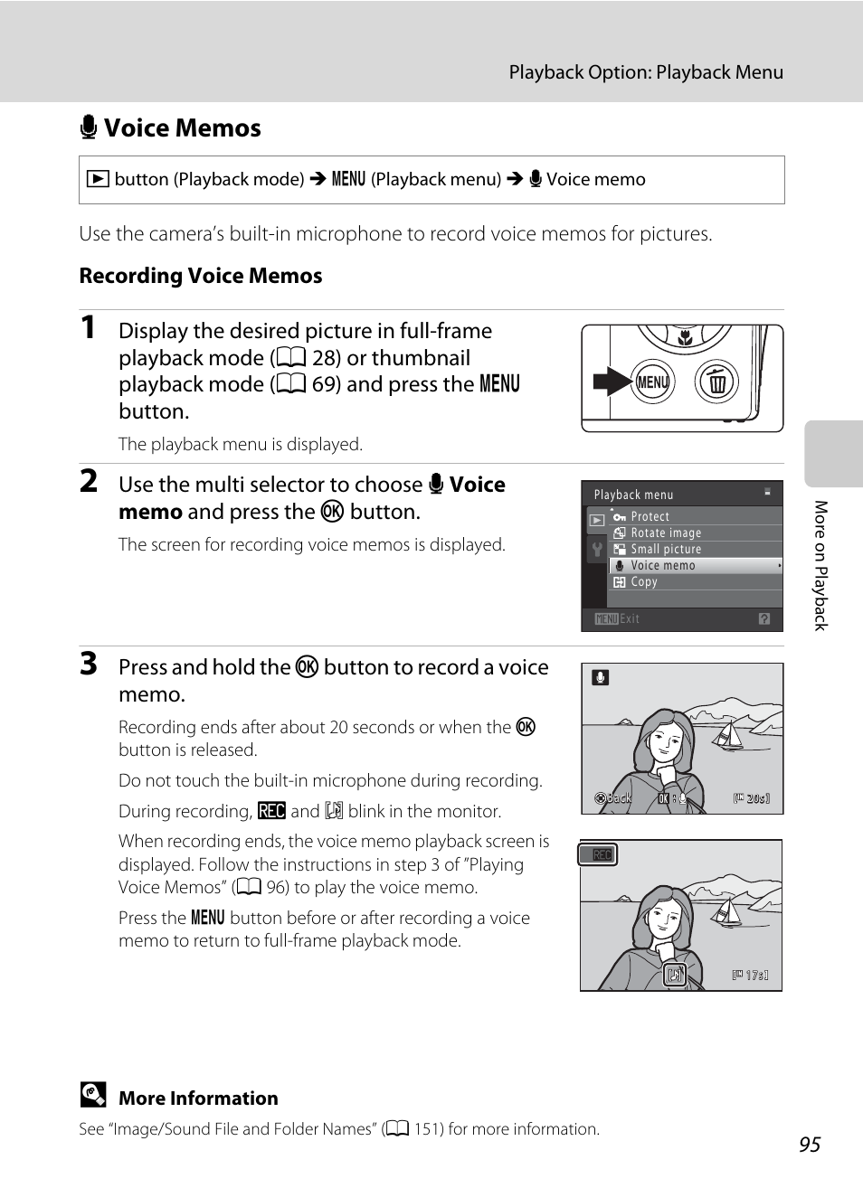 Voice memos, E voice memos, A 95 | Nikon S205 User Manual | Page 107 / 184