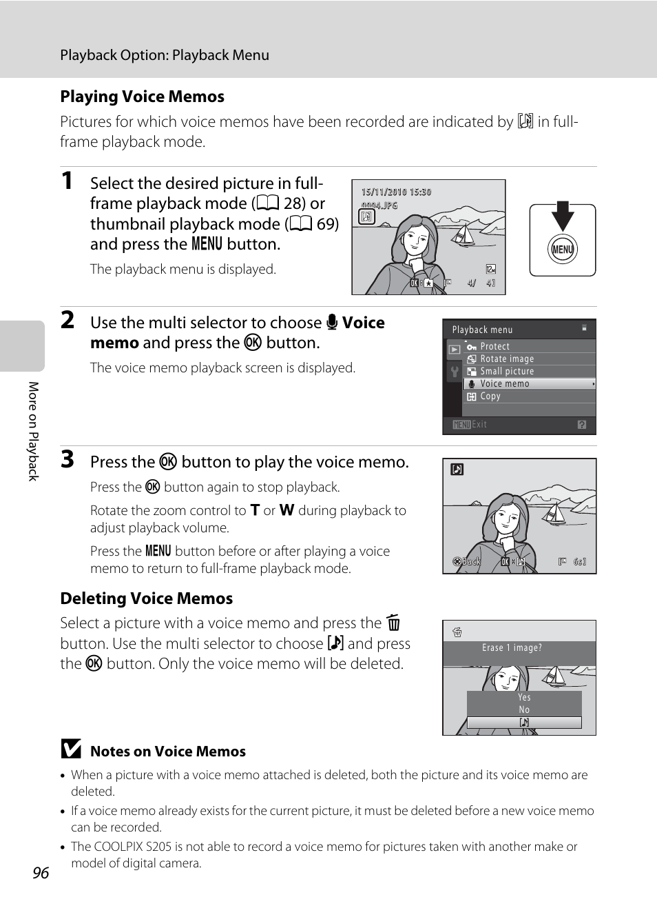 Of ”playing voice memos, A 96) | Nikon S205 User Manual | Page 108 / 184