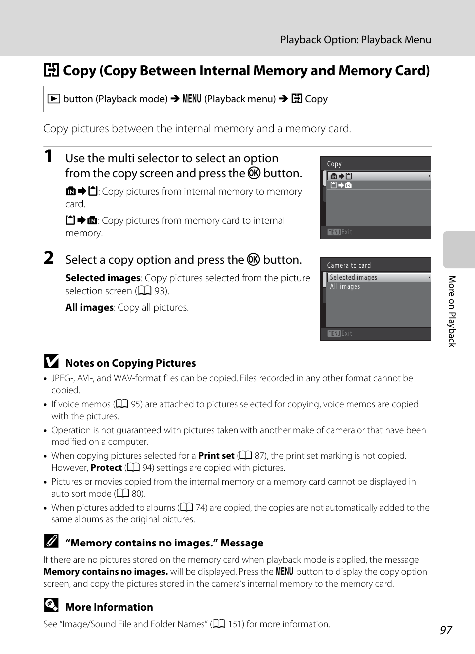 A 97), A 97, Select a copy option and press the k button | Nikon S205 User Manual | Page 109 / 184