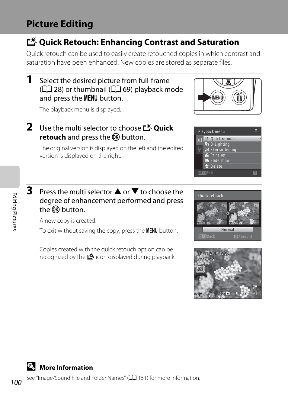 Picture editing, Quick retouch: enhancing contrast and saturation, K quick retouch: enhancing contrast and saturation | A 100, A 100) | Nikon S205 User Manual | Page 112 / 184