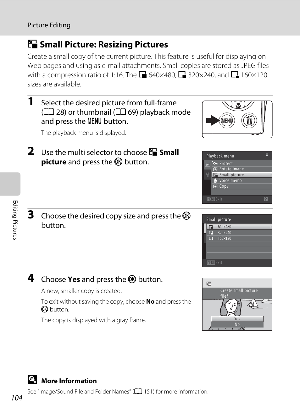 Small picture: resizing pictures, G small picture: resizing pictures, A 104 | A 104) | Nikon S205 User Manual | Page 116 / 184