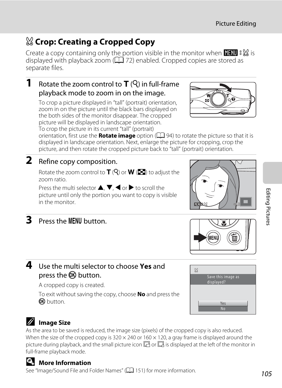 Crop: creating a cropped copy, A crop: creating a cropped copy, A 105) | Nikon S205 User Manual | Page 117 / 184