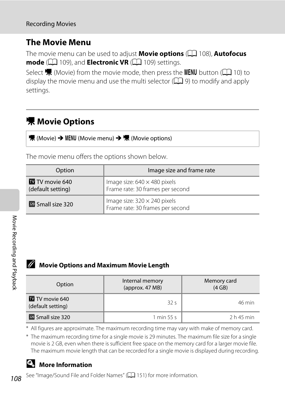 The movie menu, Movie options, The movie menu d movie options | Nu (a 108) a, D movie options | Nikon S205 User Manual | Page 120 / 184