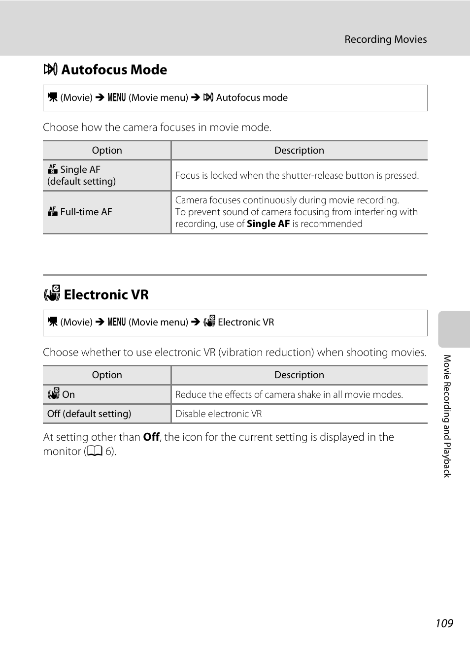 Autofocus mode, Electronic vr, I autofocus mode w electronic vr | A 109), A 109), and, A 109) s, I autofocus mode, W electronic vr | Nikon S205 User Manual | Page 121 / 184