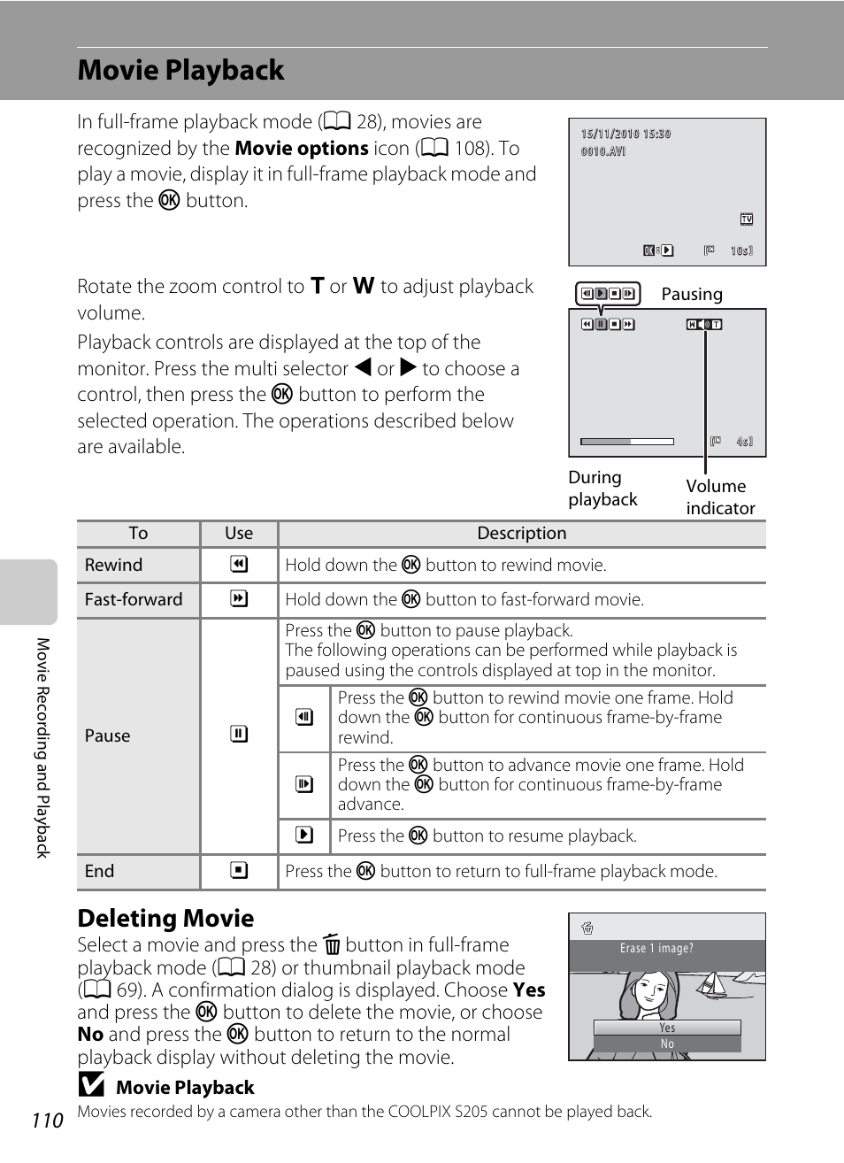 Movie playback, Deleting movie | Nikon S205 User Manual | Page 122 / 184