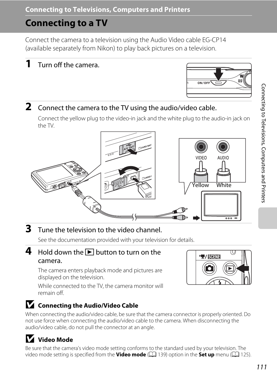 Connecting to televisions, computers and printers, Connecting to a tv | Nikon S205 User Manual | Page 123 / 184