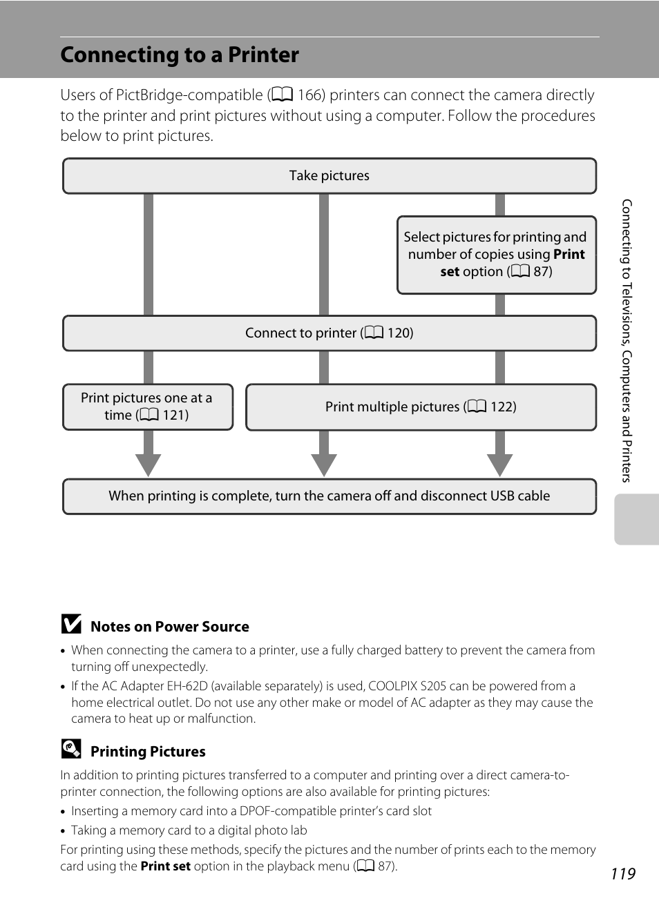 Connecting to a printer | Nikon S205 User Manual | Page 131 / 184