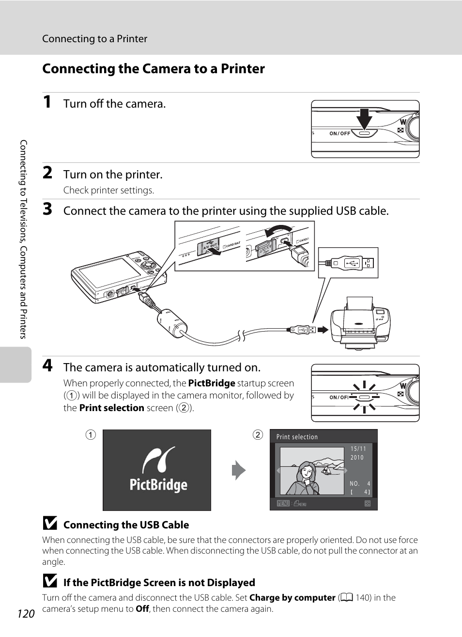 Connecting the camera to a printer, A 120) | Nikon S205 User Manual | Page 132 / 184