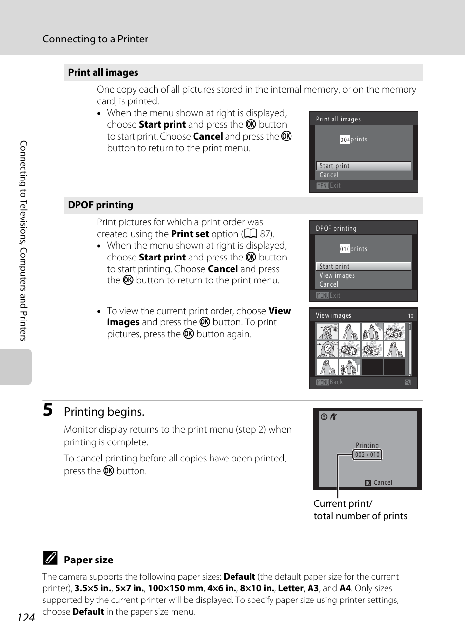 A 124), Printing begins | Nikon S205 User Manual | Page 136 / 184