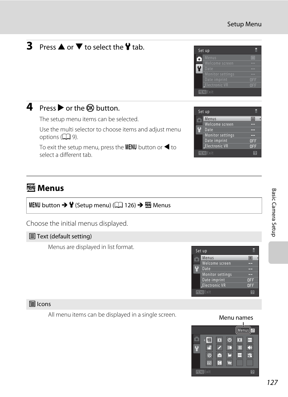Menus, A menus, A 127 | Press h or i to select the z tab, Press k or the k button | Nikon S205 User Manual | Page 139 / 184