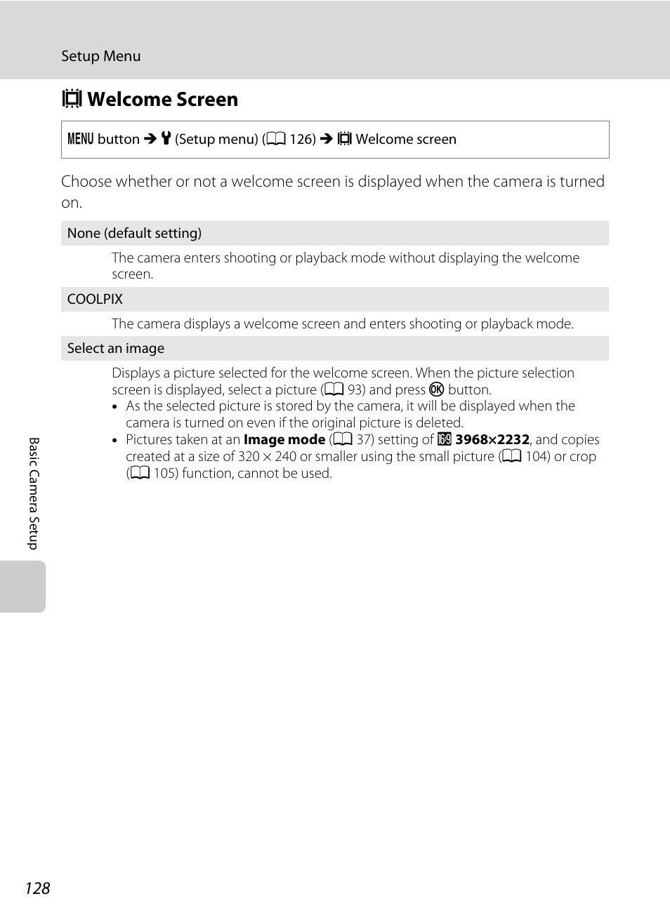 Welcome screen, C welcome screen, A 128) | A 128 | Nikon S205 User Manual | Page 140 / 184