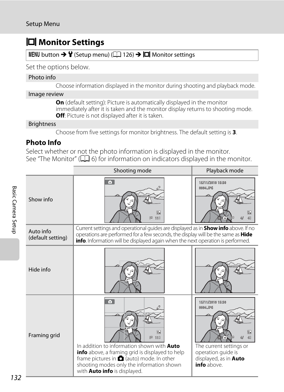 Monitor settings, E monitor settings, A 132) | Off after a few seconds, Ings, A 132, Photo info, Set the options below, Setup menu | Nikon S205 User Manual | Page 144 / 184