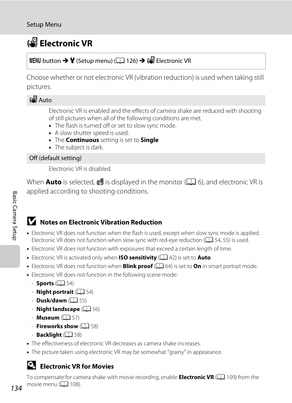 Electronic vr, W electronic vr, A 134) | A 134 | Nikon S205 User Manual | Page 146 / 184