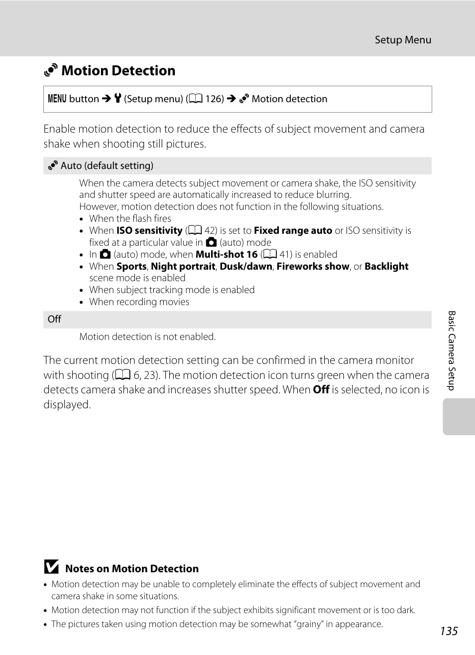 Motion detection, U motion detection, A 135) i | A 135), A 135 | Nikon S205 User Manual | Page 147 / 184