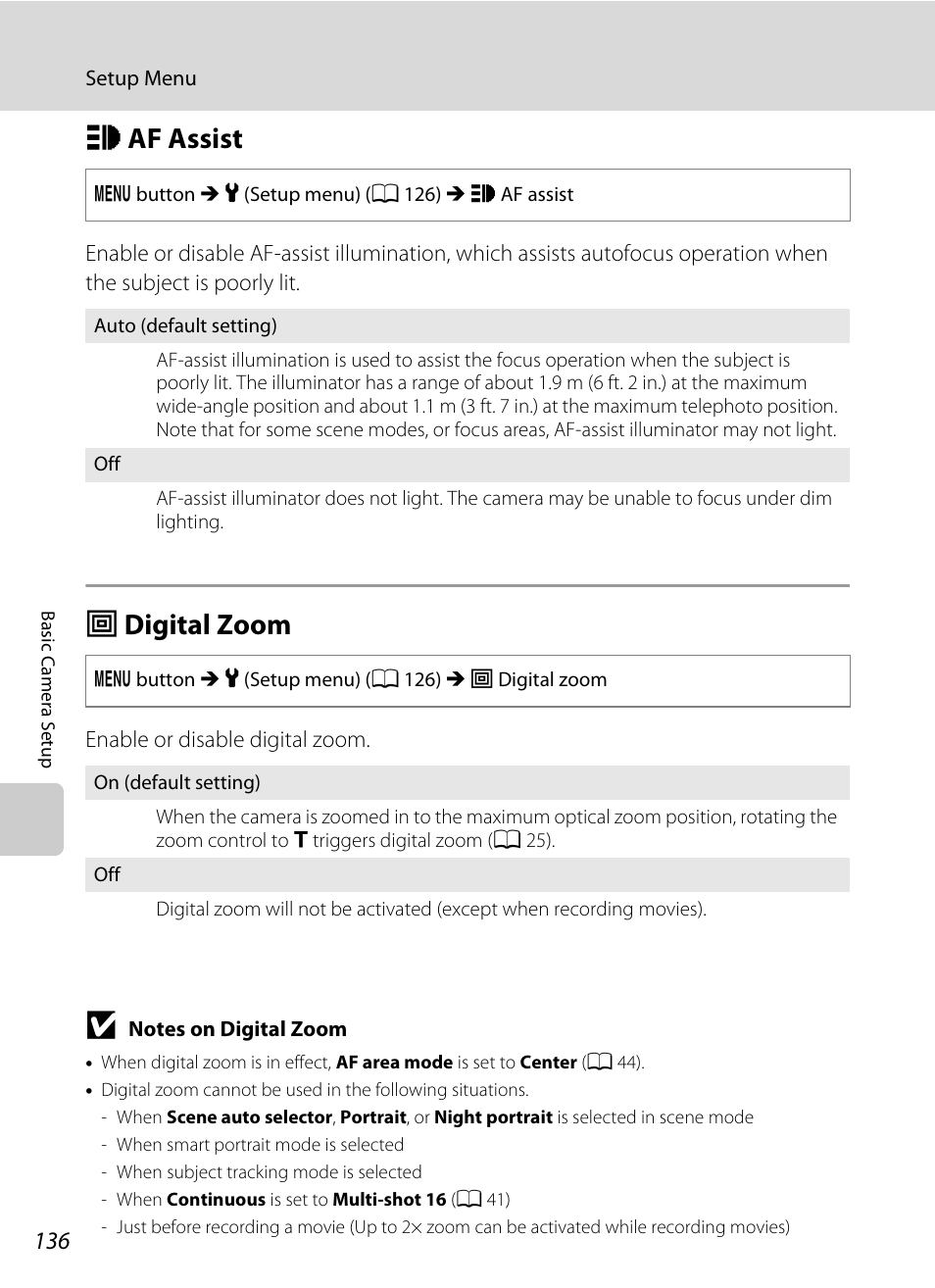 Af assist, Digital zoom, H af assist u digital zoom | A 136) in, A 136) may, Zoom, A 136), A 136) does not, A 136, H af assist | Nikon S205 User Manual | Page 148 / 184