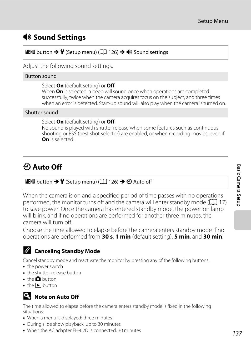 Sound settings, Auto off, I sound settings k auto off | A 137), A 137) in, A 137) i, A 137, I sound settings, K auto off | Nikon S205 User Manual | Page 149 / 184