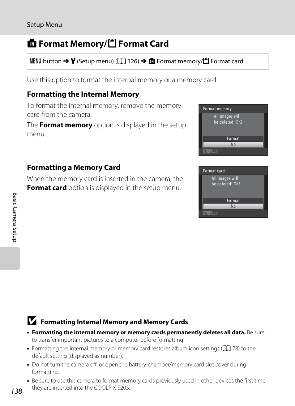 Format memory/format card, L format memory/m format card, A 138 | Nikon S205 User Manual | Page 150 / 184