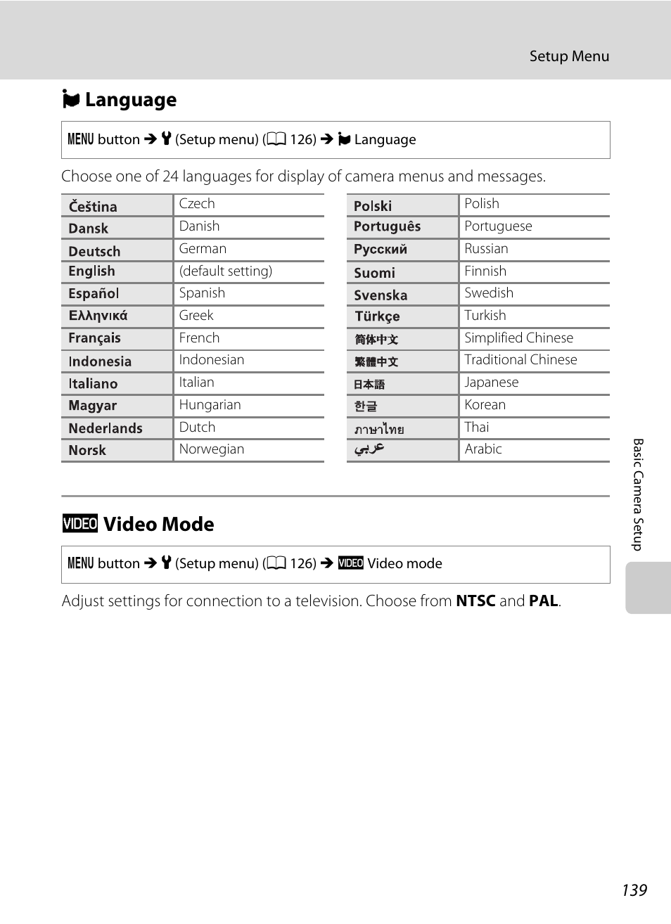 Language, Video mode, N language o video mode | A 139, N language, O video mode | Nikon S205 User Manual | Page 151 / 184