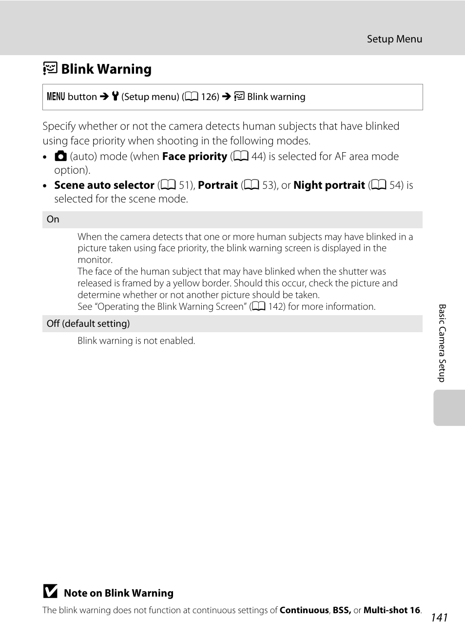 Blink warning, D blink warning, A 141) i | A 141), A 141 | Nikon S205 User Manual | Page 153 / 184