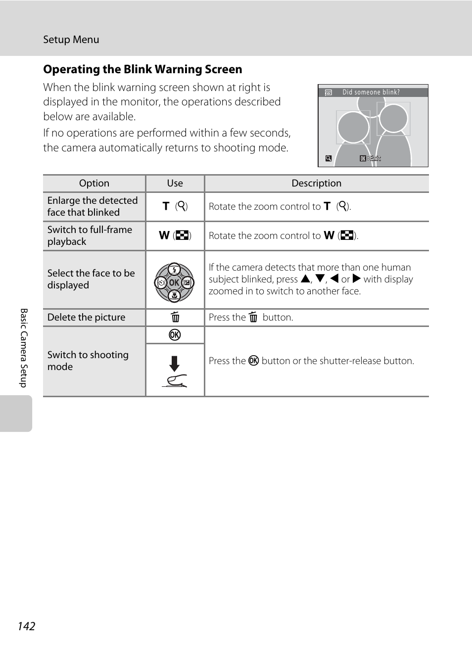 Operating the blink warning screen, A 142) for | Nikon S205 User Manual | Page 154 / 184