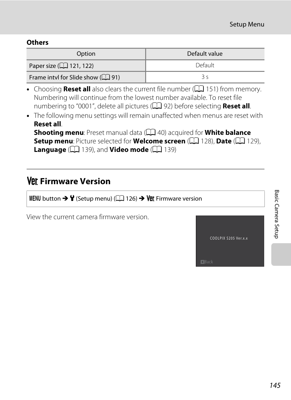 Firmware version, R firmware version, A 145 | Nikon S205 User Manual | Page 157 / 184