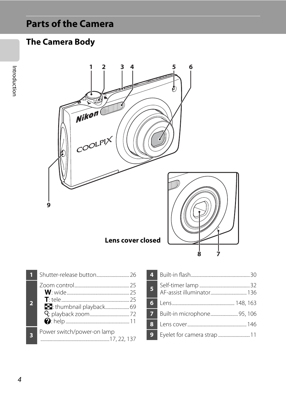 Parts of the camera, The camera body | Nikon S205 User Manual | Page 16 / 184