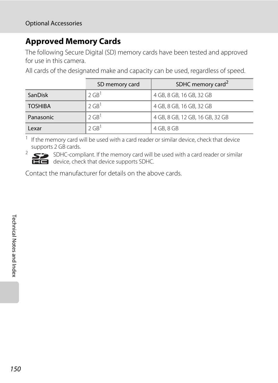 Approved memory cards | Nikon S205 User Manual | Page 162 / 184