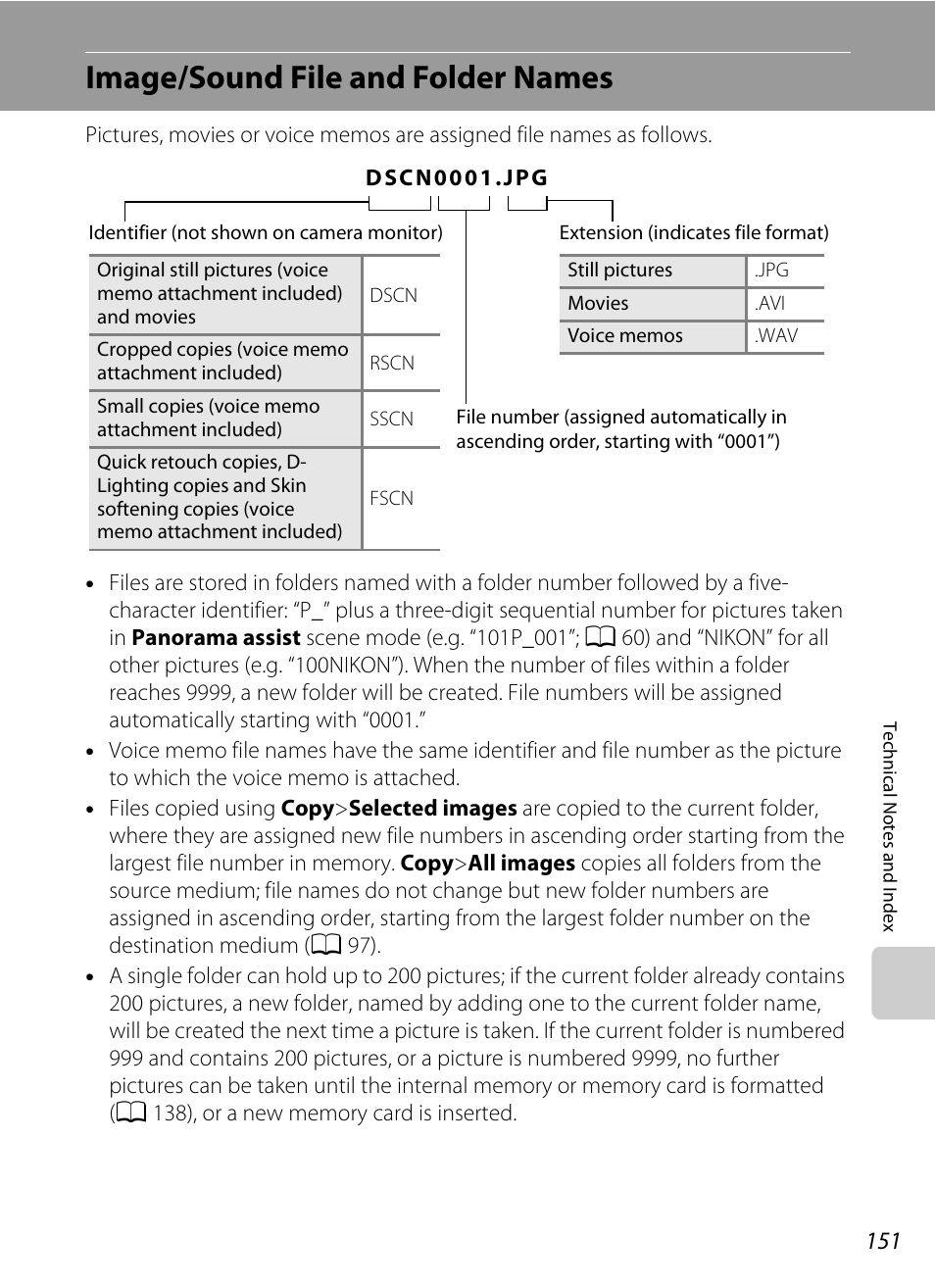 Image/sound file and folder names, A 151) for, A 151) | A 151). onl, A 151). the editing f | Nikon S205 User Manual | Page 163 / 184